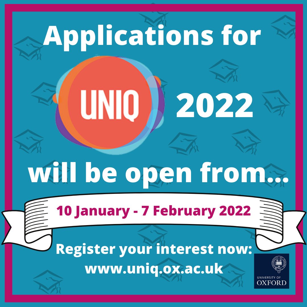 OxfordUNIQ's tweet photo. It’s back—Oxford’s free access programme is offering more support than ever before to help your students make the best possible applications to Oxford. Applications for #UNIQ2022 open on 10th January and close 7th February. Find out more about UNIQ at https://t.co/2sBf5W5gZE. https://t.co/ewnr9KBOhD