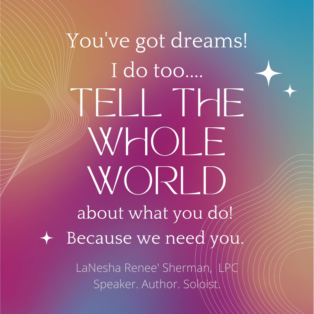 lanesharenee's tweet photo. You've got dreams! I do too. Tell the whole world about what you do because we need you! What DO you do?
#speaker #author #soloist #journeytobefly https://t.co/GnVXvTLrdO