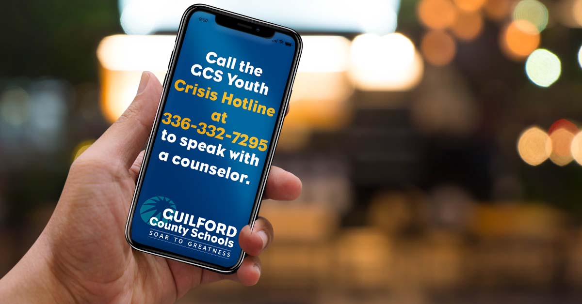 GCSchoolsNC's tweet photo. GCS students in a crisis of any kind—anxiety, depression, abuse, suicidal thoughts, food insecurity, etc.—are urged to call the GCS Youth Crisis Hotline at 336-332-7295 to speak with a counselor. If it is an emergency, call 911. The hotline is open daily from 7am until midnight. https://t.co/vfAEvHhgYL