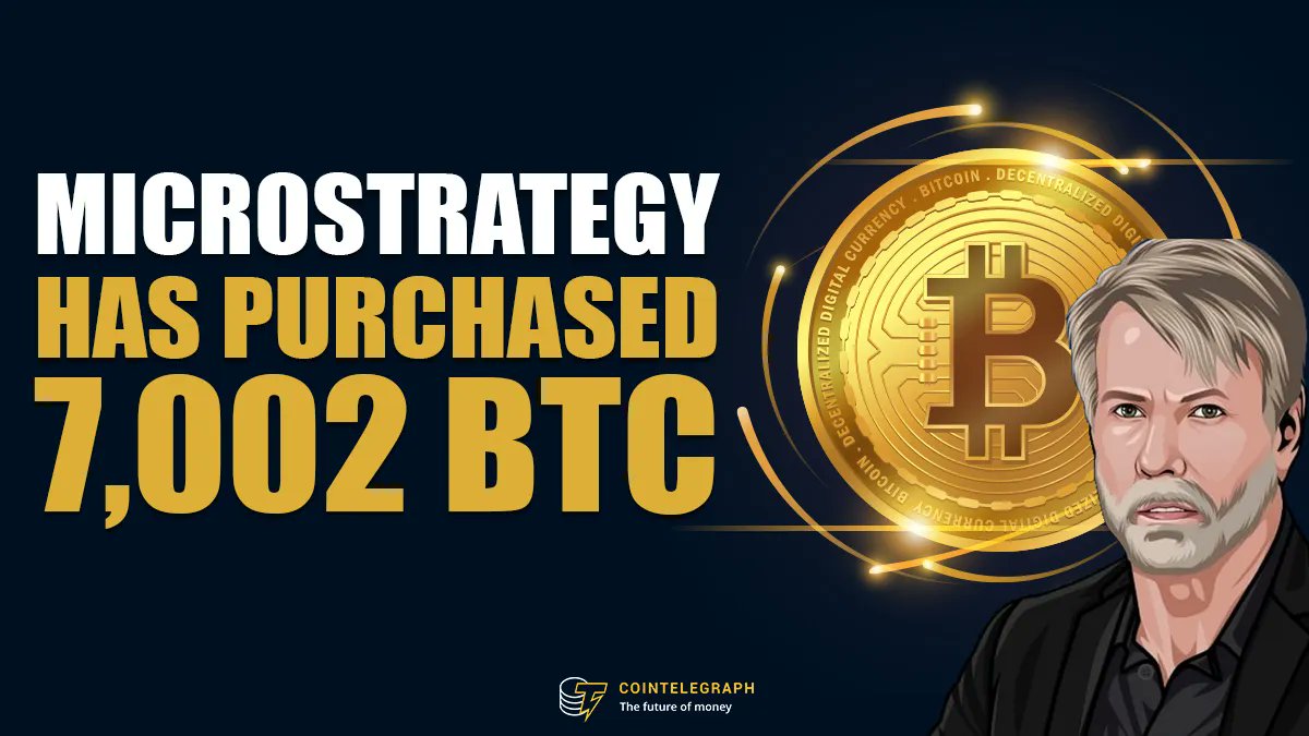 Cointelegraph's tweet photo. One of Bitcoin's biggest whales strikes again!

@saylor announced on Twitter that MicroStrategy has purchased an additional 7,002 bitcoins for about $414.4 million in cash, bringing the company's total to 121,044 bitcoins, or roughly $3.57 billion. https://t.co/A8Cjr6ATye