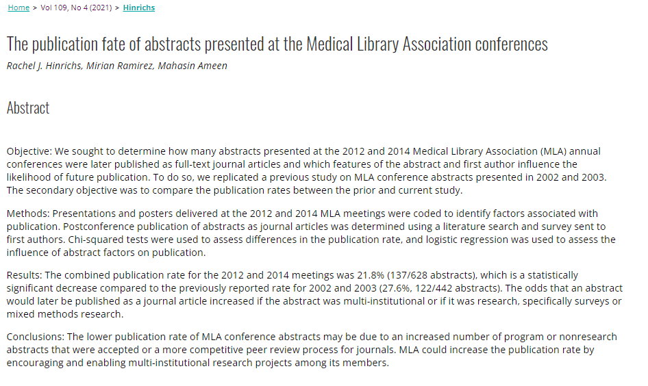 miriancramirez's tweet photo. The publication fate of abstracts presented at the @MedLibAssn conferences:  https://t.co/OV3j7wNtJi #medlibs #publishing  #healthscienceslibrarians #medicallibraries @JrnlMedLibAssn https://t.co/sWms4RBxrT