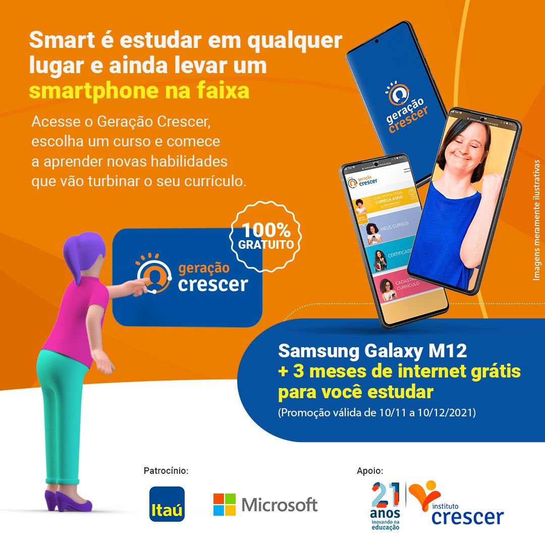 Quer concorrer a três smartphones Samsung M12 com três meses de internet grátis?

Então, faça sua inscrição no Geração Crescer (bit.ly/3I3c8L2), nosso projeto de qualificação profissional e empregabilidade, e conclua um dos cursos.

Saiba mais: bit.ly/3lfuWNm