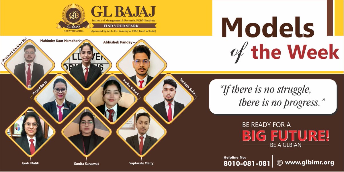 glbajajimr's tweet photo. #ModelsoftheWeek
“If there is no struggle, there is no progress.”
- Prashant Shekhar Rai, Mahinder Kaur Namdhari, Abhishek Pandey, Priyambada, Radha Sahani, Santosh Saha, Jyoti Malik, Sunita Saraswat and Saptarshi Maity, GLBIMR. PGDM Institute
#GLBajaj #GLBIMR #PGDM #students https://t.co/PhSWsMMmfL