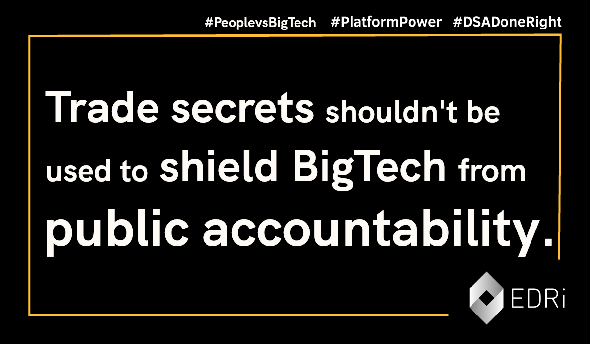 edri's tweet photo. DSA for the people✊, not for the billionaires💸!
@charanzova @Ansip_EU @svenja_hahn @sandrogozi @Loekkegaard_MEP @rozathun @MarcoZullo: The Digital Services Act should facilitate public accountability, not block it.
#DropTradeSecrets #DSADoneRight #PlatformPower https://t.co/eL8Poi5J95