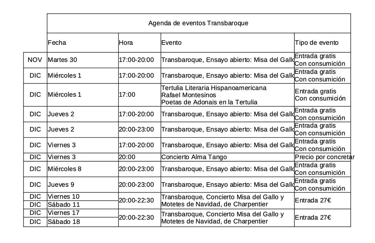 transbaroque's tweet photo. Hola amigos,

Compartimos la programación de eventos para diciembre. Incluye tanto los eventos con entrada, como los gratuitos.

Te esperamos en Transbaroque

#Transbaroque #Madrid #canto #charpentier #musicabarroca #barriodelasletras #earlymusic #conciertodenavidad #misadelgallo https://t.co/LZpTHXR0u8