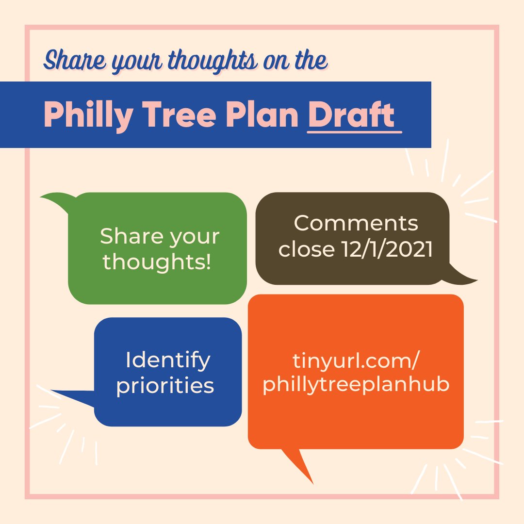 PhilaParkandRec's tweet photo. The Philly Tree Plan still needs your input!

A draft of the Philly Tree Plan is open for feedback until Wednesday, December 1, 2021. The final Plan will be shared with the public in early 2022.

#PhillyTreePlan #CityofArborlyLove #GreenPhilly #UrbanForestry #PhillyNature https://t.co/5iT1BCsWtz