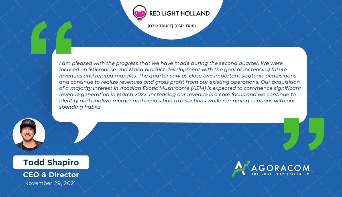 AGORACOM's tweet photo. .@redlightholland $TRIP $TRUFF Reports 2nd Quarter 2021 Results
* 56% Increase in #Netherland Stores Selling #iMicrodose Products
* Six-Month Revenues of $1,080,875
* $29.1m in Cash
$TRIP: Premium Brand of #MagicTruffles
#Psychedelic #Coachella
https://t.co/AAeuuNpq9K https://t.co/T1yssXz0ng