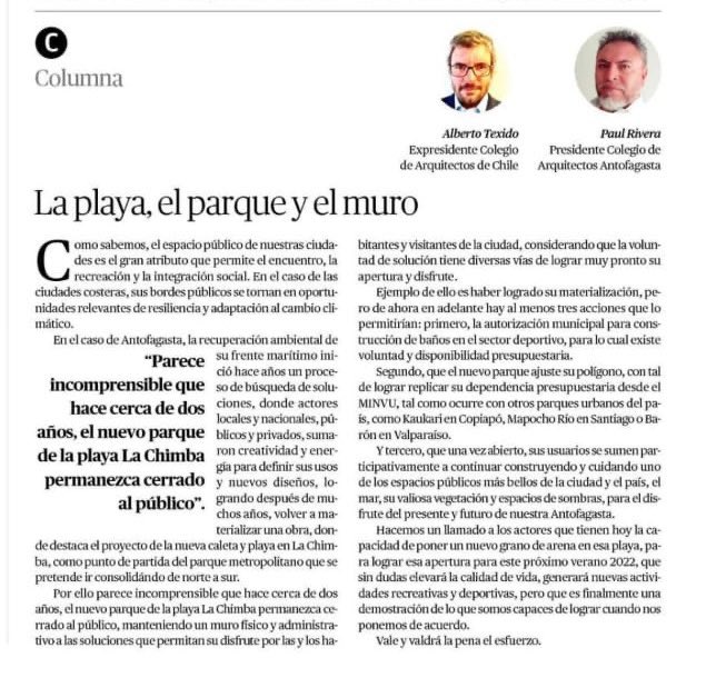 [Columna] “La playa,el parque y el muro”,junto al Presidente del Colegio de Arquitectos de Antofagasta Paul Rivera <a href="/PeErreEme1/">Pe Erre Eme</a> <a href="/CAA_AG/">CAA</a> sobre la apertura pendiente y necesaria de la playa La Chimba <a href="/mercurioafta/">El Mercurio de Antofagasta</a> <a href="/jonathanplan9/">Jonathan Velásquez</a> <a href="/AntofagastaMuni/">Municipalidad de Antofagasta</a> <a href="/MundoFAU_uchile/">FAU U. de Chile</a> <a href="/uchile/">Universidad de Chile</a>