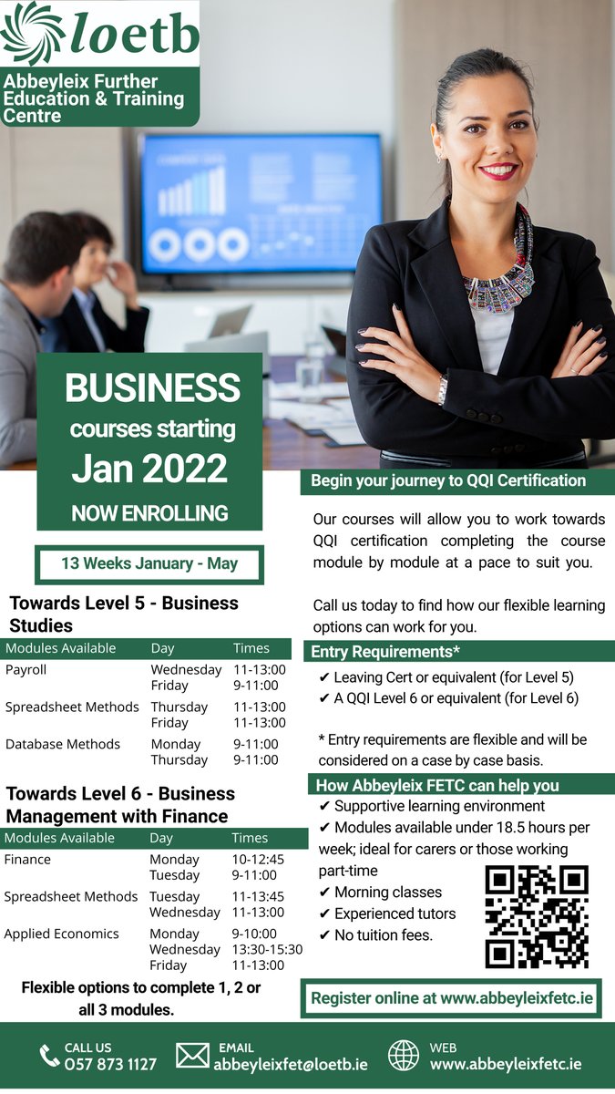 Abbeyleix Further Education and Training Centre (@abbeyleixfetc) on Twitter photo Register now for our flexible Business modules towards QQI level 5 & 6 commencing in January. Begin 2022 on a positive note; visit abbeyleixfetc.ie today. <a href="/LaoisBusinesses/">Laois Businesses</a> <a href="/Laois_Chamber/">Laois Chamber Alliance</a> #FurtherEducation #Laois Register now for our flexible Business modules towards QQI level 5 & 6 commencing in January. Begin 2022 on a positive note; visit abbeyleixfetc.ie today. <a href="/LaoisBusinesses/">Laois Businesses</a> <a href="/Laois_Chamber/">Laois Chamber Alliance</a> #FurtherEducation #Laois