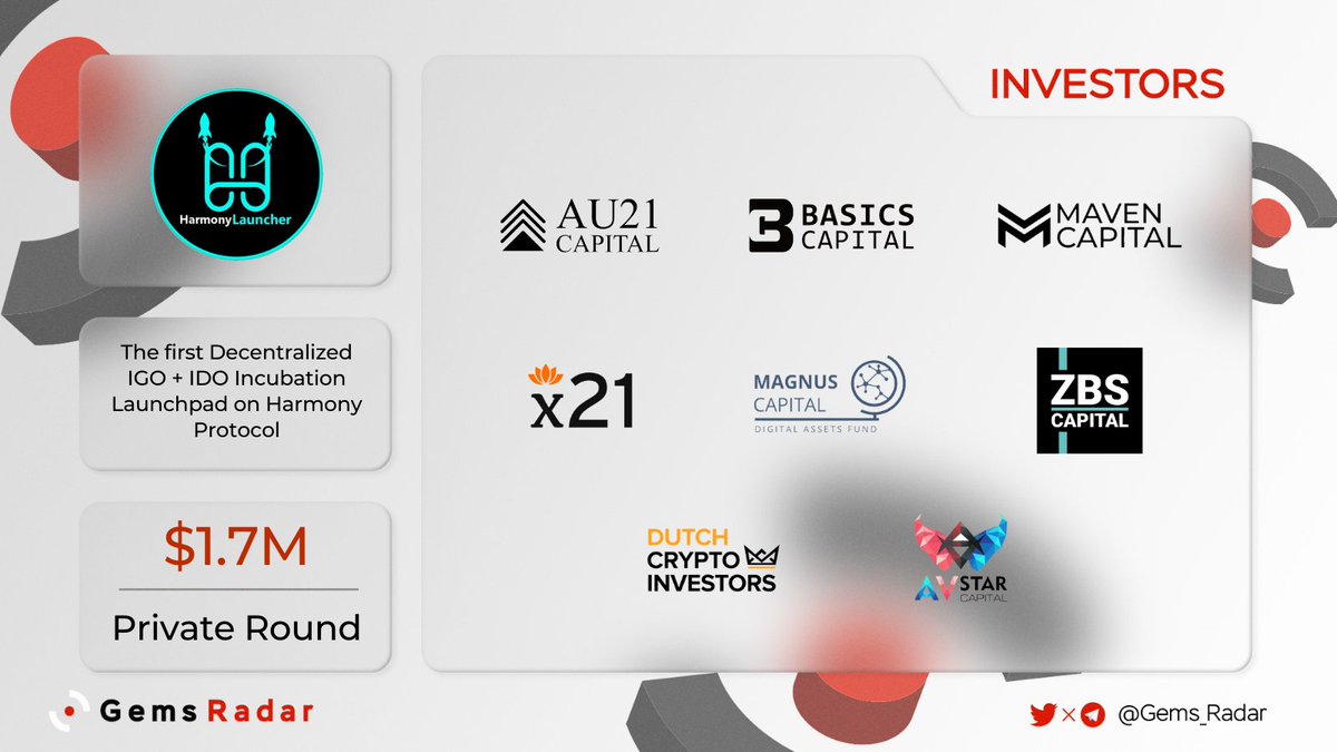 Degen_Radar's tweet photo. 🌟@harmonylauncher $HARL, the 1st IGO + IDO Incubation Launchpad on @HarmonyProtocol, has closed $1.7M Private Round.
 
Investors: @exnetworkcap, @AU21Capital, @x21_digital, @dci_crypto, @magnus_fund, @zbscapital, @AvStarCapital, @BasicsCapital, @mavencapitalio, @EverseCapital. https://t.co/Grycad9ztY