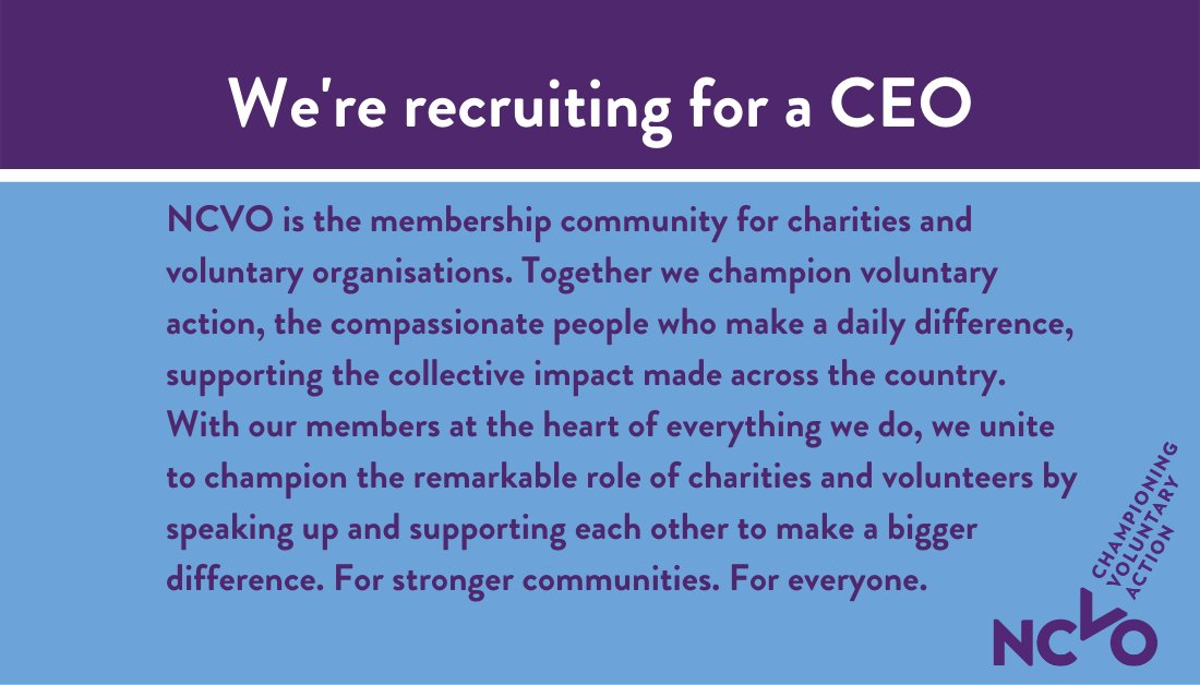 We are looking for a leader who can truly inspire and influence, who lives our values and can lead our culture change as we continue to support charities and volunteers to make a bigger difference.

Learn more about the role here: ncvo.org.uk/about-us/work-…