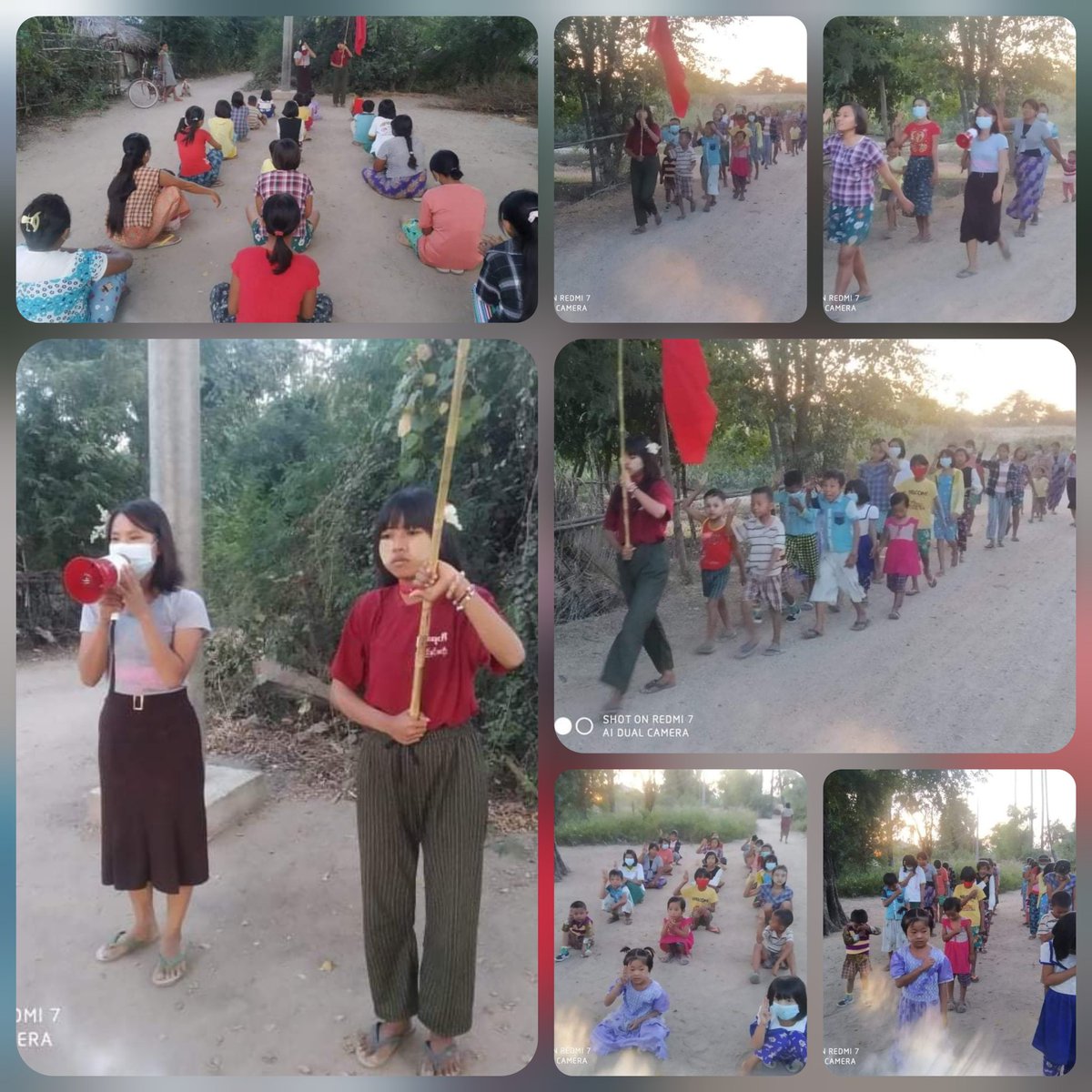 A group of protesters including children in a village of Yinmarpin township, Sagaing Region staged a sit-in strike and marching rally to express that they don't want Dictatorship 🚩

#NoFlyZoneInMyanmar
#Nov29Coup   
#WhatsHappeningInMyanmar