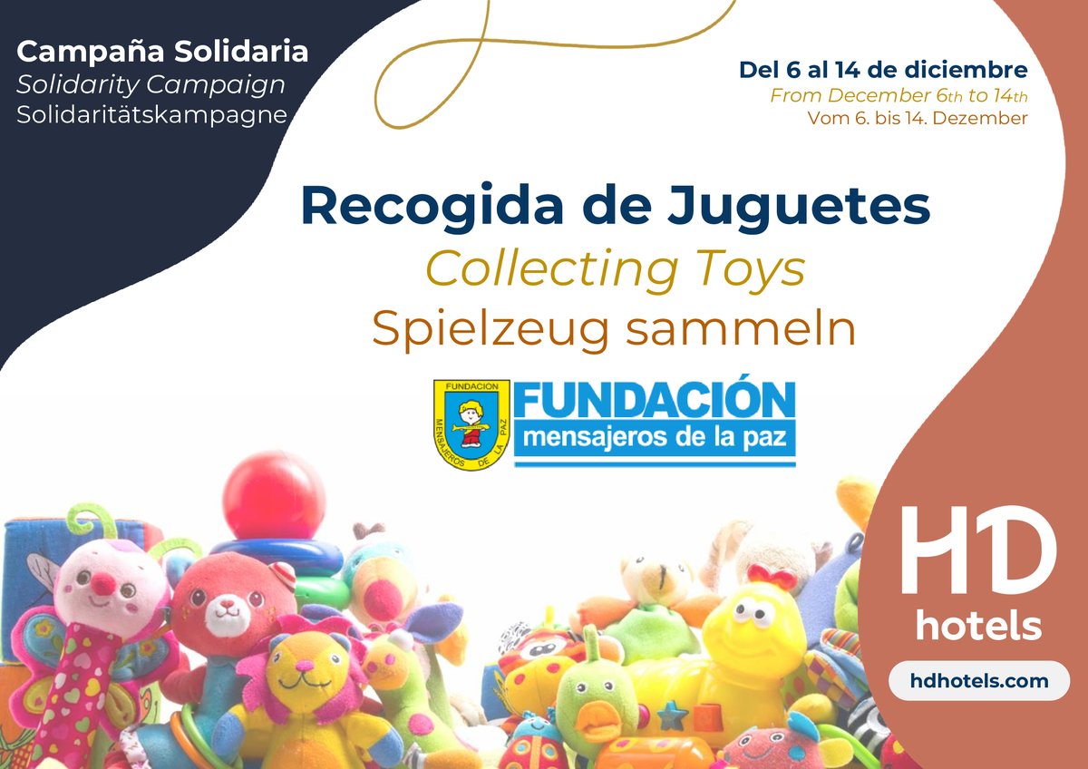 HDHotels's tweet photo. Este año #HDHotels y @paz_mensajeros organizamos una recogida de juguetes para que la ilusión de la Navidad llegue al mayor número de niños posible.  Si quieres participar, solo tienes que acercarte a la recepción de uno de nuestros hoteles desde el 6 hasta el 14 de diciembre. https://t.co/QiV9WZmjIN