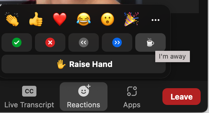 SpokenAuthority's tweet photo. Did you know that @Zoom increased the number of reaction buttons available from the tool bar? There is even an "I'm away" button. #virtualmeetings #zoom #reactionbuttons https://t.co/Bbcdt2gcfm
