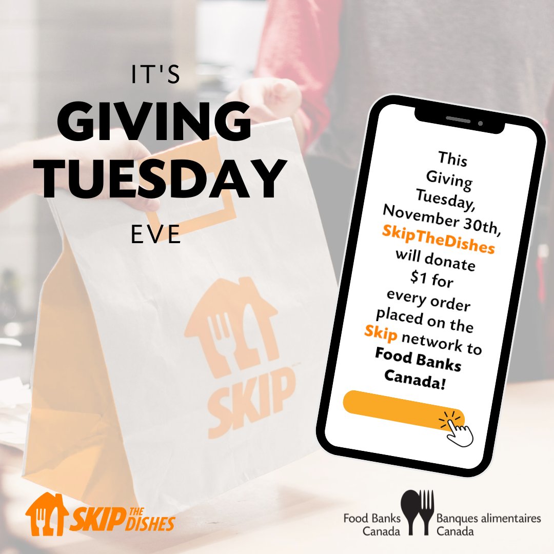 foodbankscanada's tweet image. It’s Giving Tuesday eve! Tomorrow, Nov 30th, @SkipTheDishes will donate $1 for every order place on its network to Food Banks Canada. Yum!

In addition, they will match all donations up to $100,000, which will provide 200,000 meals to our neighbours in need across the country.