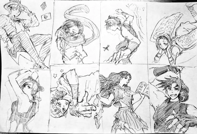 これ過去絵なんだけど、こんなふうに紙を何等分かに分けて描いていくと、色んな構図やポーズを描く練習になるかもー!おすすめ!!
(ジャンル違いますすみません🙏💦) 