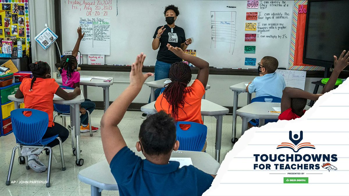 BroncosOffField's tweet photo. Do you know a teacher who has gone above and beyond? 

If so, make sure they know that they are the MVT (Most Valuable Teacher) by nominating them for the @Broncos and @DeltaDentalCO #TouchdownsForTeachers Award!

🍎: https://t.co/GqD4Gy6kVv https://t.co/hs6bDyPiPw