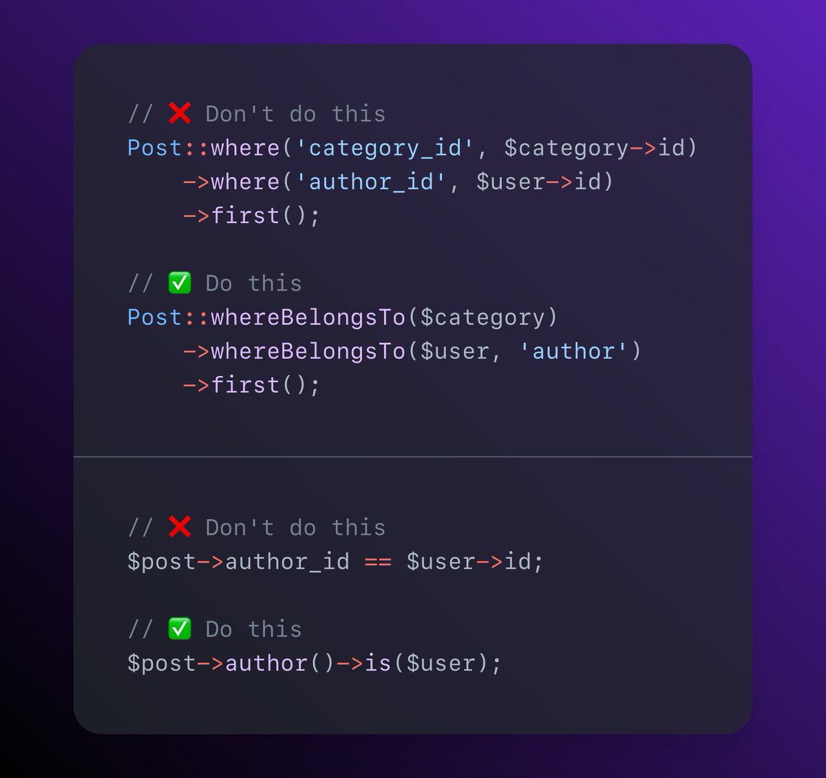 Use whereBelongsTo() and relation()->is() instead of comparing ids manually