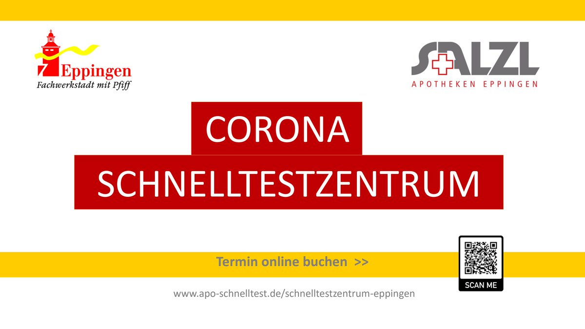 Kommunales Schnelltestzentrum ab morgen geöffnet:  Kleinbrückentorplatz 10 in Eppingen, nur mit vorheriger Terminbuchung über apo-schnelltest.de/schnelltestzen… oder QR-Code.