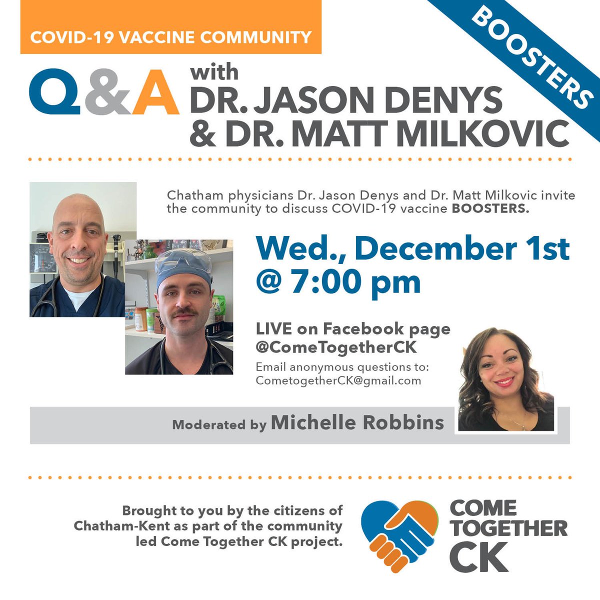 ckhamedia's tweet photo. 📣 COVID-19 Vaccine Booster Q&amp;A 📣

Join Dr. Jason Denys and Dr. Matt Milkovic on Wednesday, December 1 for a community COVID-19 Vaccine Q &amp; A that will focus on booster doses. This Facebook Live is brought to you by Come Together CK.

#ckont #GetYourShotCK https://t.co/xVpULvKZxN