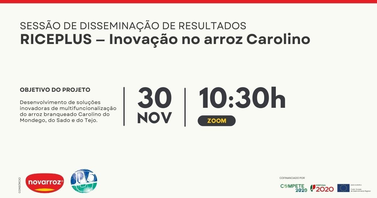 FEEICOMPETE2030's tweet image. 30.11 | Sessão Apresentação Resultados do projeto #RICEPLUS Com este projeto apoiado pelo @FEEICOMPETE2020 foi criado um produto funcionalizado de #arrozcarolino branco através da adição de ingredientes naturais c/ propriedades antioxidantes lnkd.in/eFa6ETzB #euinmyRegion