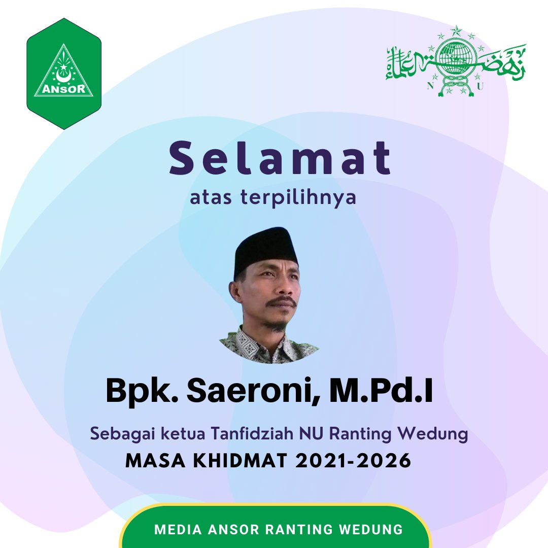 Selamat atas terpilihnya KH.Muhammad Imron, A.H dan Bpk.Saeroni, M.Pd.I sebagai Syuriah dan tanfidziah NU Ranting Desa Wedung Kec.Wedung Kab.Demak Jawa tengah.