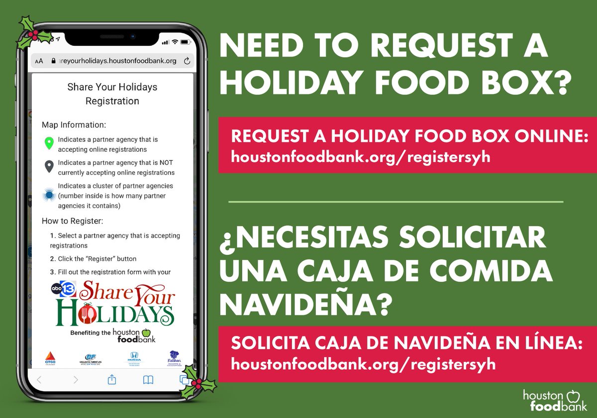 Request your "Share Your Holidays" food box online! 🎁
NOW - Dec 4 
Save time by requesting your holiday food box online with our quick reservation form houstonfoodbank.org/registersyh
- - -
You can also call
𝗘𝗻𝗴𝗹𝗶𝘀𝗵: 713-547-8692
𝗘𝗻𝗴𝗹𝗶𝘀𝗵: 713-547-8693
