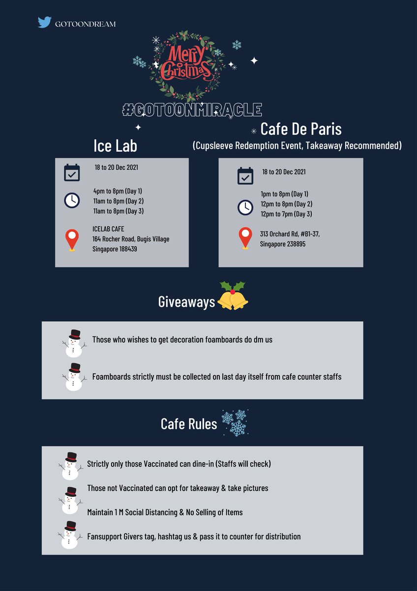 GOTOONDREAM's tweet photo. 🎄GOT7 Christmas Miracle🎄

📅18 - 20 Dec 2021
📍Ice Lab &amp; Cafe De Paris (Takeaway Recommended)

For more details about timings, refer to posters.

#GOTOONMIRACLE #GOT7 #GOT7FOREVER  #JAYB #MarkTuan #JacksonWang  #Jinyoung  #Youngjae #bambam #Yugyeom #갓세븐 https://t.co/fTo1rnZnYA