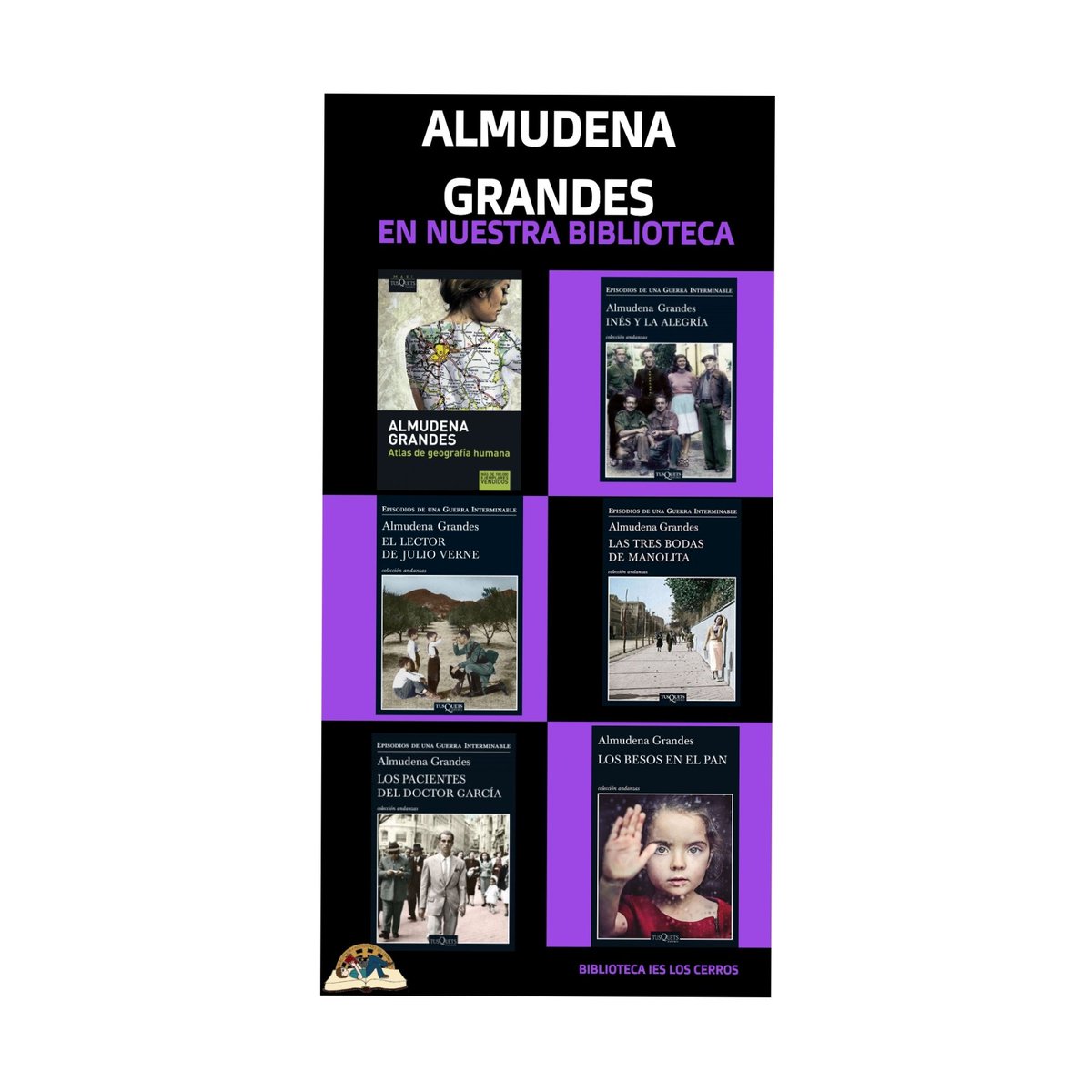 Se nos ha ido una de las grandes narradoras contemporáneas. La muerte, siempre injusta, se la ha llevado demasiado pronto. <a href="/IESLosCerros/">IES Los Cerros</a> os invitamos a que leáis sus obras. En la infografía, están los libros que podréis encontrar de Almudena Grandes en nuestra <a href="/BiblioLosCerros/">Biblio Los Cerros</a>