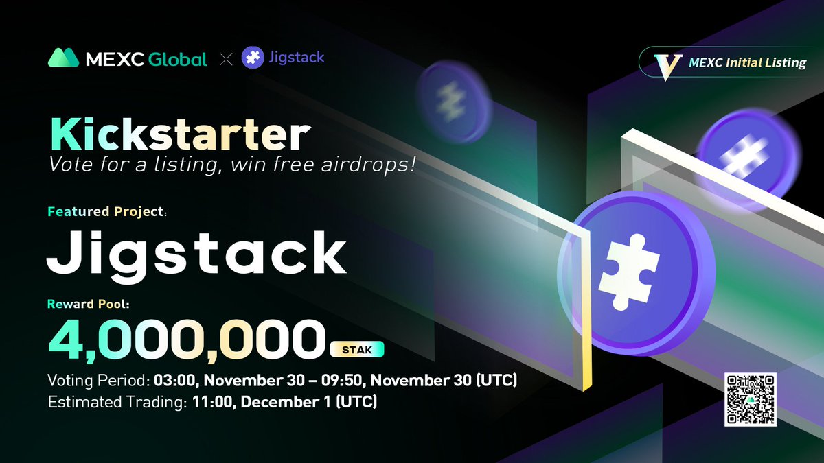 Presenting the new #Kickstarter session with $STAK <a href="/jigstack/">Jigstack DAO</a>.

🗳️Vote with $MX to get $STAK listed and share 4,000,000 $STAK
⏰Period: 03:00 - 09:50 Nov 30 (UTC)
📈Estimated trading: 11:00 Dec 1 (UTC)

Details: bit.ly/3resHxw

#jigstack #MEXCGlobal #DeFi #DAO