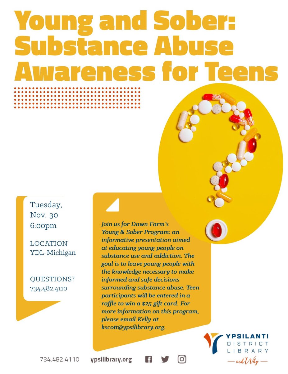 The Ypsilanti District Library will be hosting an informative presentation aimed on educating young people on substance abuse and addiction, tomorrow, Tuesday Nov. 30 at 6 pm. Please see the flyer for additional information.