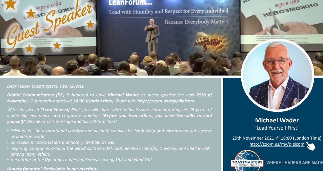 DCommunicators's tweet photo. Digital Skills #DComlive are on demand now more than any time ever @MidtwnToastPros Register for meeting 6pmUK Time 29/11/21 tonight @d3_toastmasters you will learn how to LEAD YOURSELF FIRST @SevernaParkTM Keynote by Michael Wader #LeadershipDevelopment https://t.co/Hyqw9lh6k8
