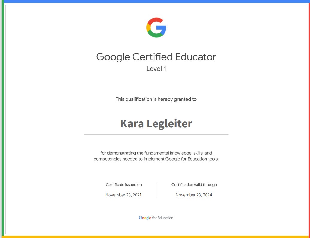 Ms_Legleiter's tweet photo. I am officially a Google-certified education for level 1!
I learned how to use each Google tool and how I can use it in the classroom in the future. 
@GoogleForEdu @COE_UNI #unietd #GoogleCertified https://t.co/Kua3l2lLT4