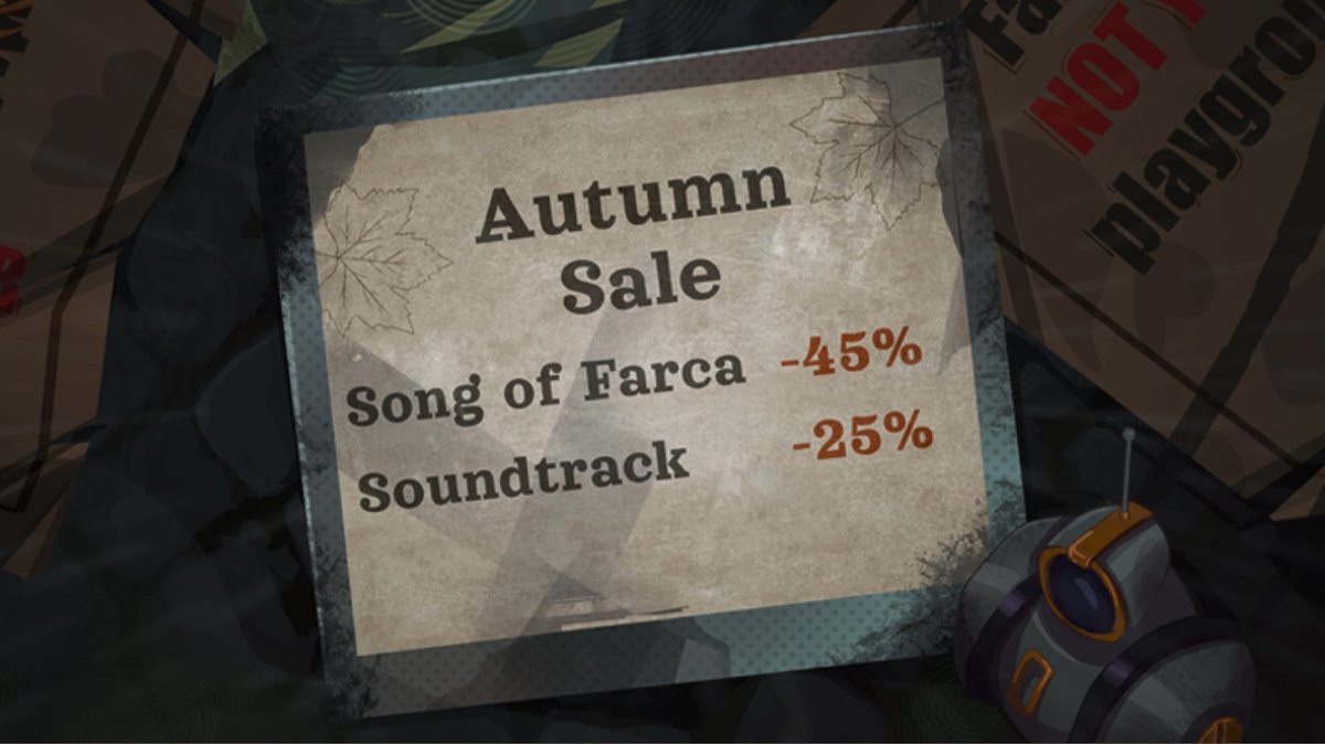 W00denMonkeys's tweet photo. Hello Farca city,

The Autumn Sale begins – from today to December 1st, you will have the opportunity to purchase Song of Farca with a 45% discount, and Song of Farca OST with a 25% discount 🍁

https://t.co/FMibskTu5y 🎮

https://t.co/4vw1zT5Qzb 🎧 https://t.co/01vun9eFKh