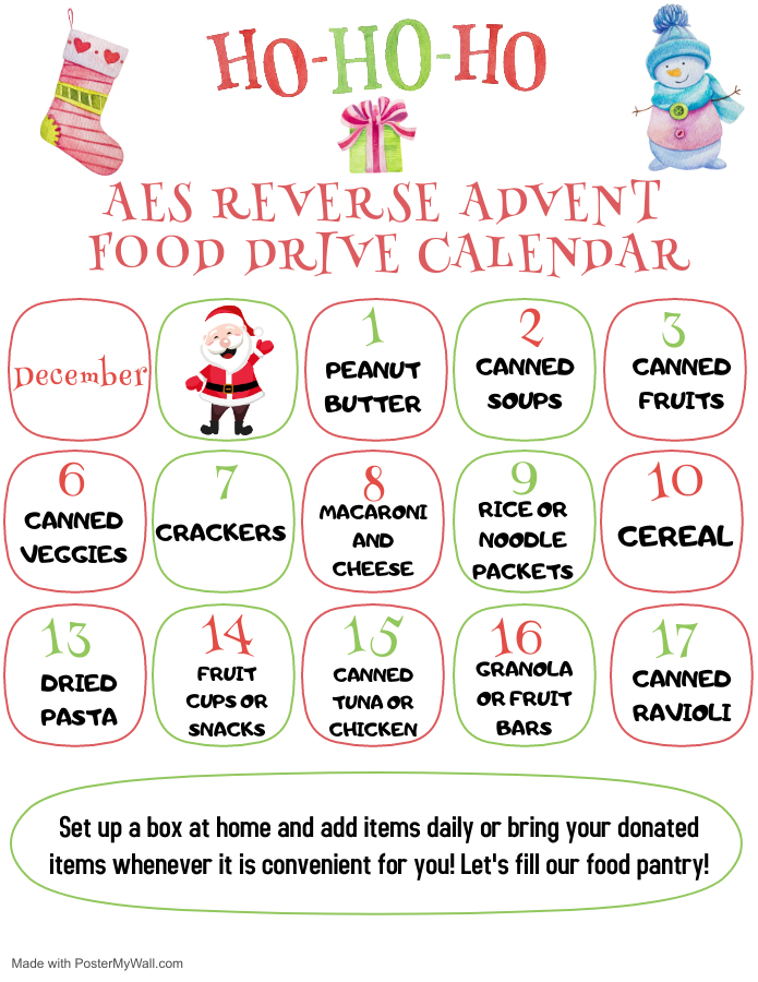 AERedbirds's tweet photo. Our AES Reverse Advent Food Drive starts this Wednesday, Dec. 1st!  All food donations will go directly to our AES food pantry to benefit AES families. https://t.co/oyNyXFNiK6