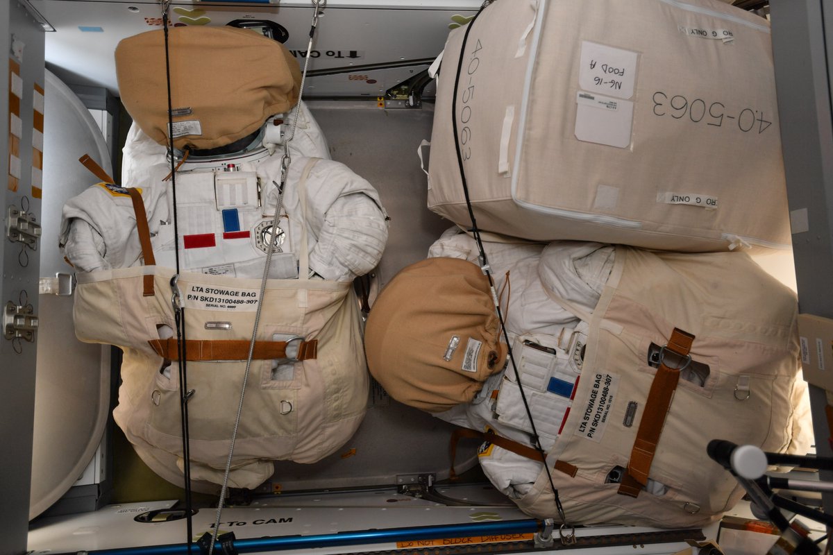 astro_matthias's tweet photo. Unpack your EVA suit 👩‍🚀👨‍🚀 Tomorrow Kayla Barron and @AstroMarshburn will exit the @Space_Station to replace a faulty antenna system. For this spacewalk I’ll manipulate the @csa_asc Canadarm2 as onboard operator M1, supported by @Astro_Raja as M2 🦾 #CosmicKiss https://t.co/ZPRiYdipZb