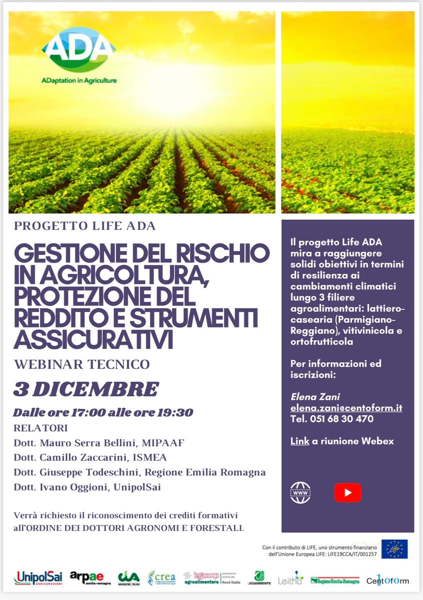 CristianMaretti's tweet photo. venerdì 3 dic ore 17 #LIFEADA
Gestione del rischio in agric. protezione del reddito e strumenti assicurativi
Dt Mauro Serra Bellini del MIPAAF
Dt Camillo Zaccarini-ISMEA
Dt Giuseppe Todeschini-Reg ER
Dt Ivano Oggioni-UnipolSai
https://t.co/Xifdzah9Hk
https://t.co/R7r32OGz0V https://t.co/gUjYx92WGk