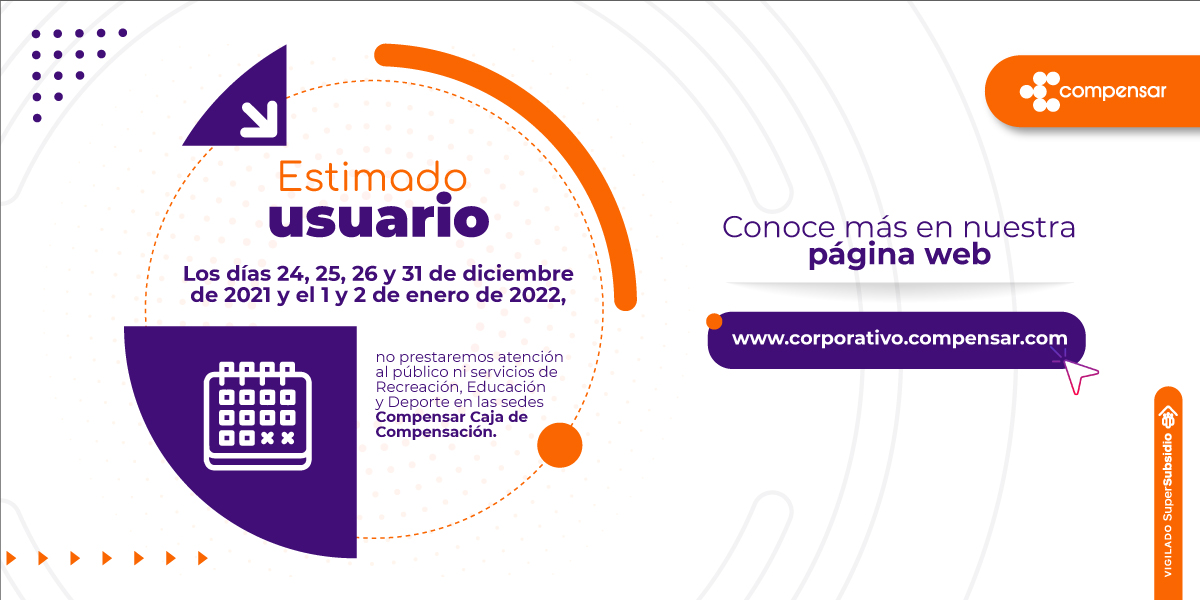 Compensar_info's tweet photo. ¡ATENCIÓN! ⚠
Ten en cuenta esta información sobre los servicios de Recreación, Cultura y Deporte durante las fiestas de fin de año. 

Conoce más en https://t.co/dgX5Qh6MGH https://t.co/d34yF8vunm