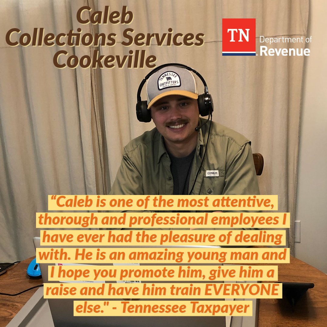 TNDeptofRevenue's tweet photo. "I had the pleasure of being one of Bill Haslam’s pastors when I lived in Nashville. I he were still Governor I would tell him to steal Caleb from you. He is an amazing young man and I hope you promote him, give him a raise and have him train EVERYONE else."- Tennessee Taxpayer https://t.co/2IWgnKX8dj