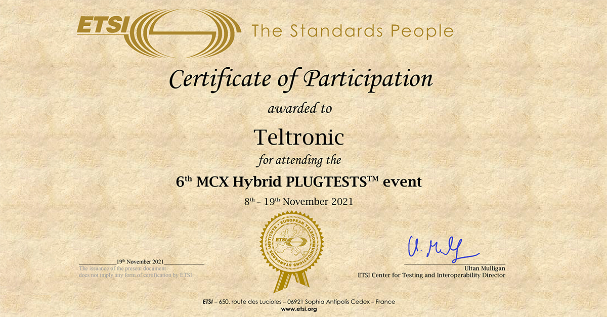 teltronic_zgz's tweet photo. We've already received the diploma which confirms our participation in the 6th edition of the #MCXPlugtests that, arranged by @ETSI_STANDARDS took place this November aimed to validate the interoperability of a variety of implementations of different vendors.
👏👏 https://t.co/QHV613HQiV