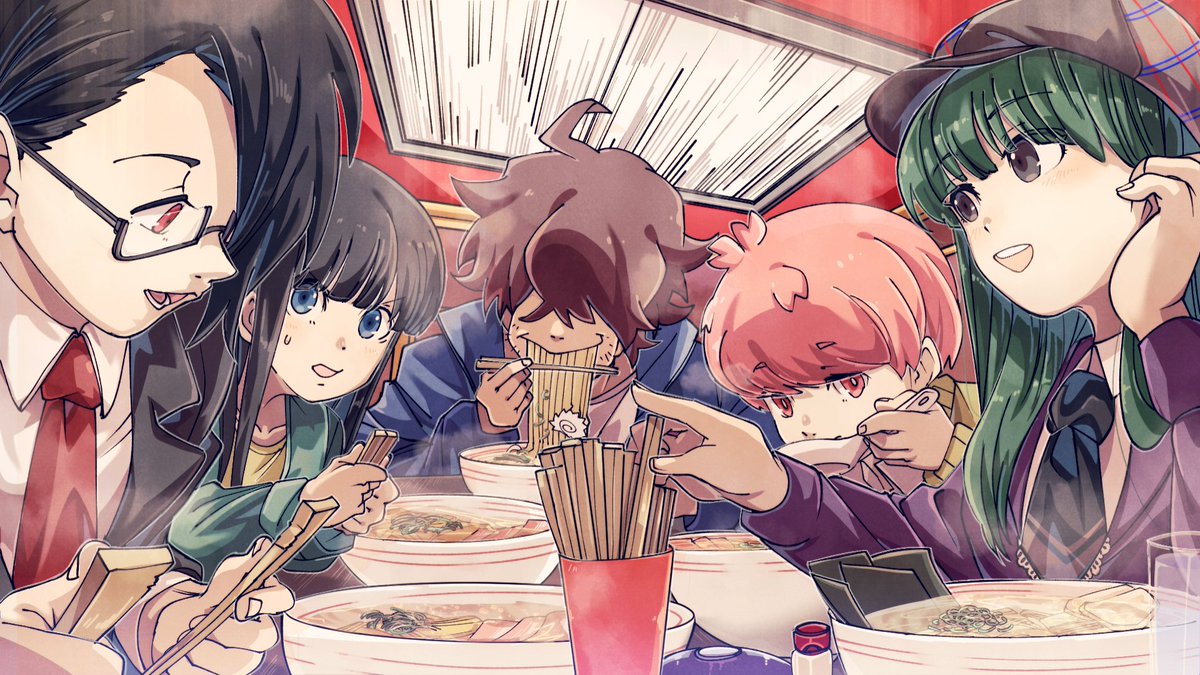 multiple girls multiple boys chopsticks glasses necktie food pink hair  illustration images