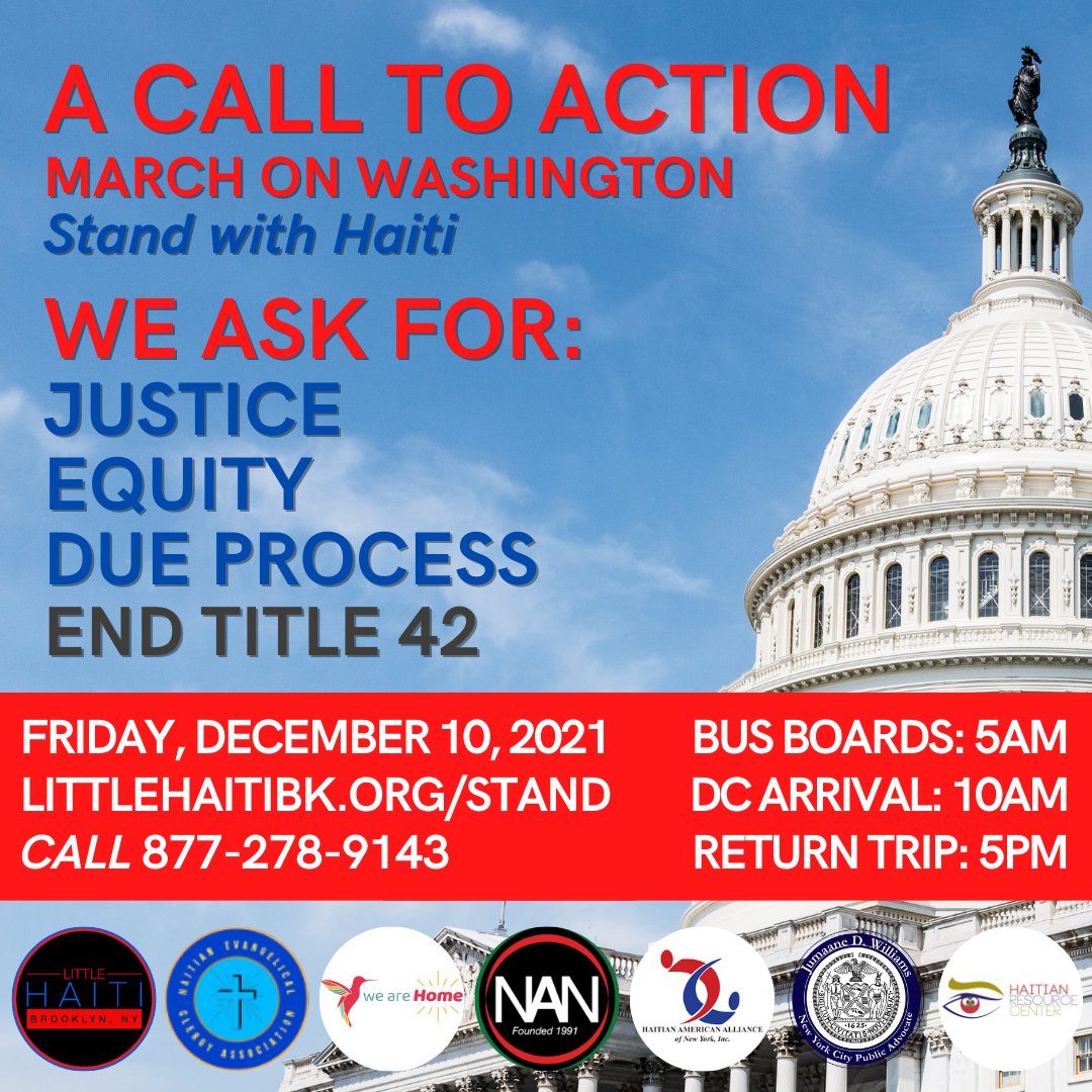 We are rallying in Washington, DC at the White House to revert Trump-era injustices against our people. Buses board at 5AM to reach DC as Congress begins their final legislative day of the season. RSVP TODAY to stand with Haiti: LittleHaitiBk.org/Stand OR call (877) 278-9143.