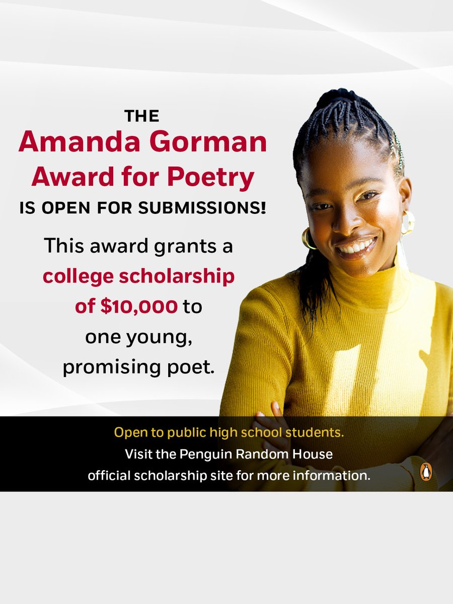 PenguinClass's tweet image. We're so excited about @TheAmandaGorman Award for Poetry, a new creative writing award focused on poetry for public high school students. The award will recognize a student for an original literary composition in English for poetry. Find out more &amp;amp; enter: learnmore.scholarsapply.org/penguinrandomh…