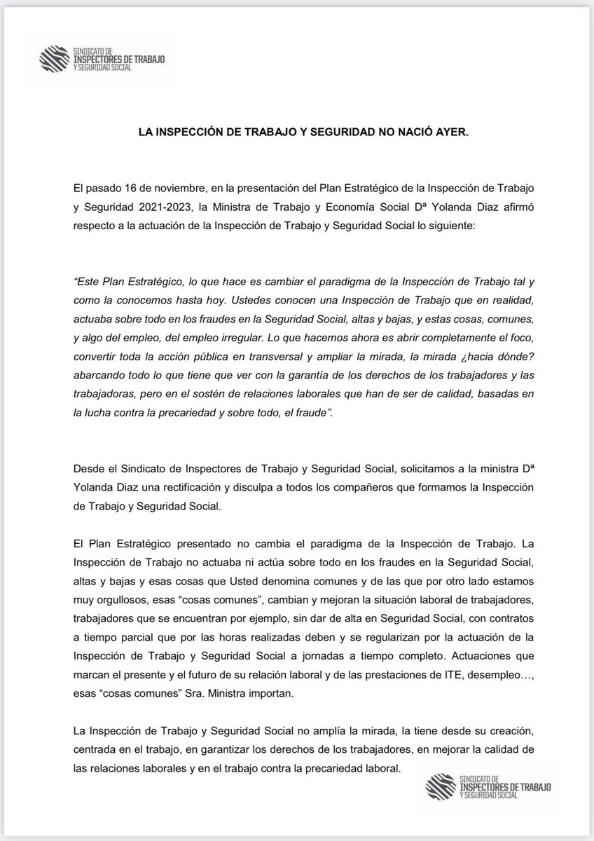 instrabajoyss's tweet photo. Comunicado de prensa del SITSS ante las declaraciones de la Ministra  @Yolanda_Diaz_ por la actuación de la Inspección de Trabajo. 

⬇️

https://t.co/C4W1gD0iMG

@empleogob #itss @FedecaCentral https://t.co/pDbK6pKcN7