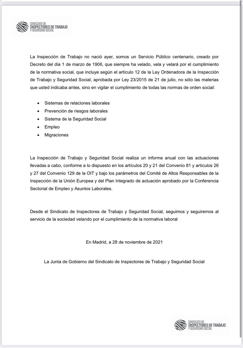 Comunicado de prensa del SITSS ante las declaraciones de la Ministra  <a href="/Yolanda_Diaz_/">Yolanda Díaz</a> por la actuación de la Inspección de Trabajo. 

⬇️

inspectoresdetrabajo.org/noticias-gener…

<a href="/empleogob/">Ministerio Trabajo y Economía Social</a> #itss <a href="/FedecaCentral/">Fedeca</a>