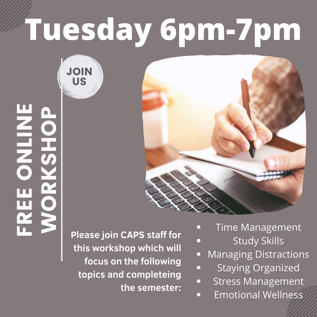 End of Semester Study and Wellness Strategies for Those Living with ADHD -  go to Student Disability Resources Calendar of Events for the zoom link