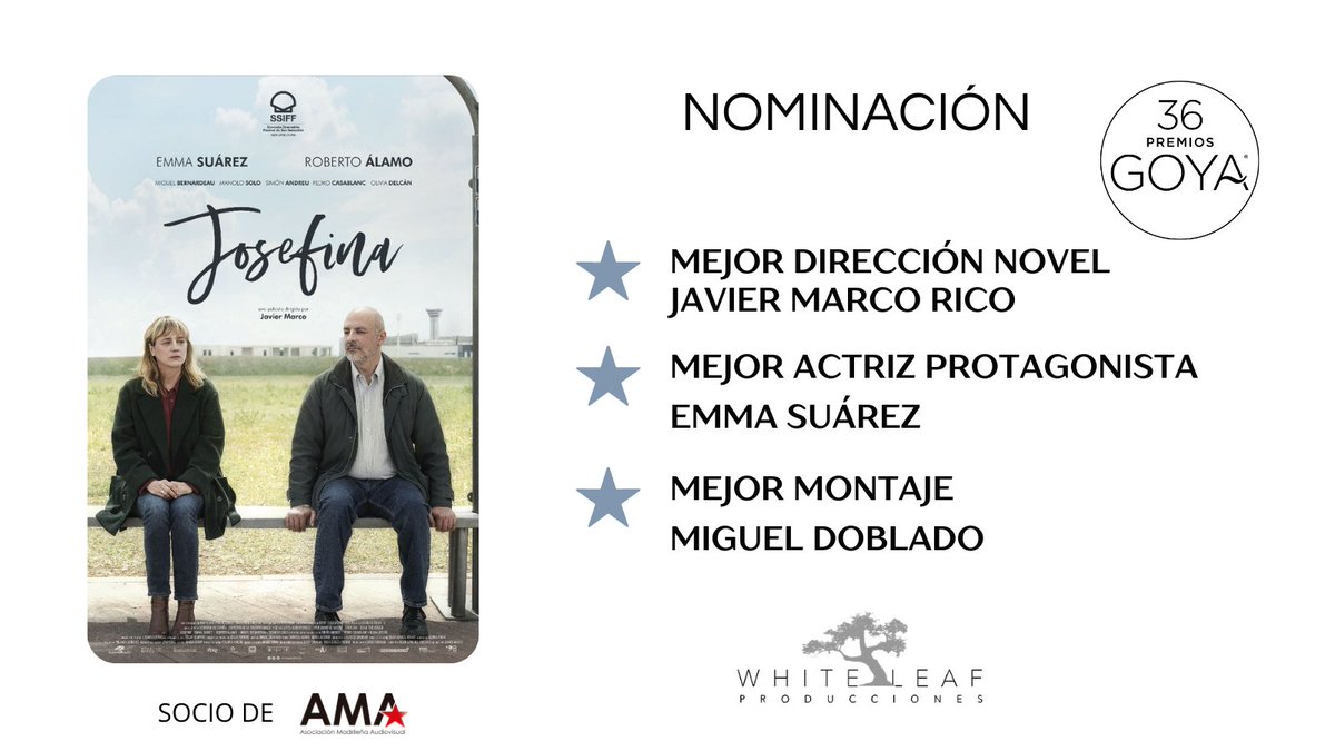 AMA Audiovisual (@ama_audiovisual) on Twitter photo #Goya2022
⭐️<a href="/FilmJosefina/">JosefinaLaPelícula</a>, de <a href="/javier_marco/">Javier Marco</a> y producido por nuestros socios <a href="/Whiteleafprod/">White Leaf</a>, está nominado en tres categorías en los 36 <a href="/PremiosGoya/">Premios Goya</a> <a href="/Academiadecine/">Academia de Cine</a>
🔶Mejor Dirección Novel: <a href="/javier_marco/">Javier Marco</a>
🔶Mejor Actriz Protagonista: #EmmaSuárez
🔶 Mejor Montaje: #MiguelDoblado #Goya2022
⭐️<a href="/FilmJosefina/">JosefinaLaPelícula</a>, de <a href="/javier_marco/">Javier Marco</a> y producido por nuestros socios <a href="/Whiteleafprod/">White Leaf</a>, está nominado en tres categorías en los 36 <a href="/PremiosGoya/">Premios Goya</a> <a href="/Academiadecine/">Academia de Cine</a>
🔶Mejor Dirección Novel: <a href="/javier_marco/">Javier Marco</a>
🔶Mejor Actriz Protagonista: #EmmaSuárez
🔶 Mejor Montaje: #MiguelDoblado