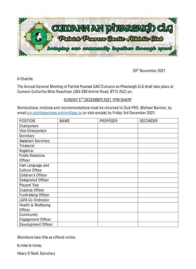 patrickpearses's tweet photo. 💚 AGM NOTICE 💛

Club AGM will be held this Sunday at 1pm sharp @MhicReachtain 

If you want to nominate anyone for the below roles or bring a motions to the AGM please send them to:

Email - pro.patrickpearses.antrim@gaa.ie 📧

Deadline - Fri 3rd Dec

#NPA💚💛 https://t.co/2yfKQvfWPj