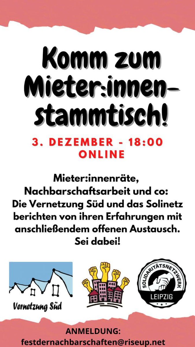 Der nächste #Leipzig|er Mieter*innenstammtisch findet online statt - am Freitag, 18-20 Uhr! Meldet Euch gern vorher per Mail an: festdernachbarschaften@riseup.net