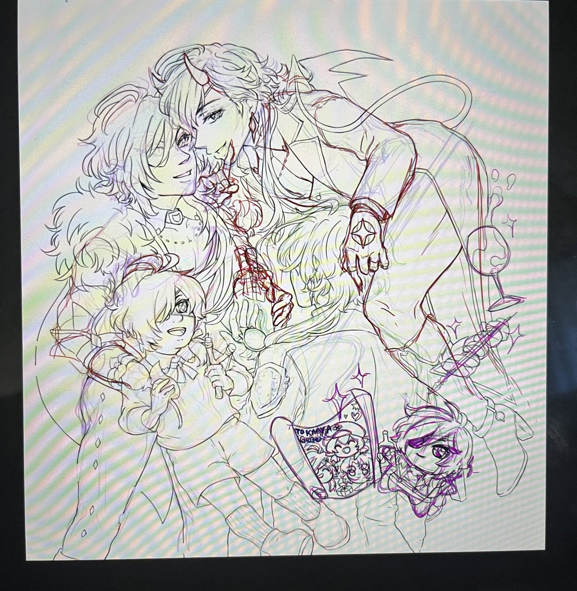 WIPs thought it'd be fun to share 
- demon kae had his pitchfork at first
- then I ended up adding emo kae and the placement of it didn't work out
- usual kae had his hand on kid kaeya's head but in the end I didn't like that placement either 